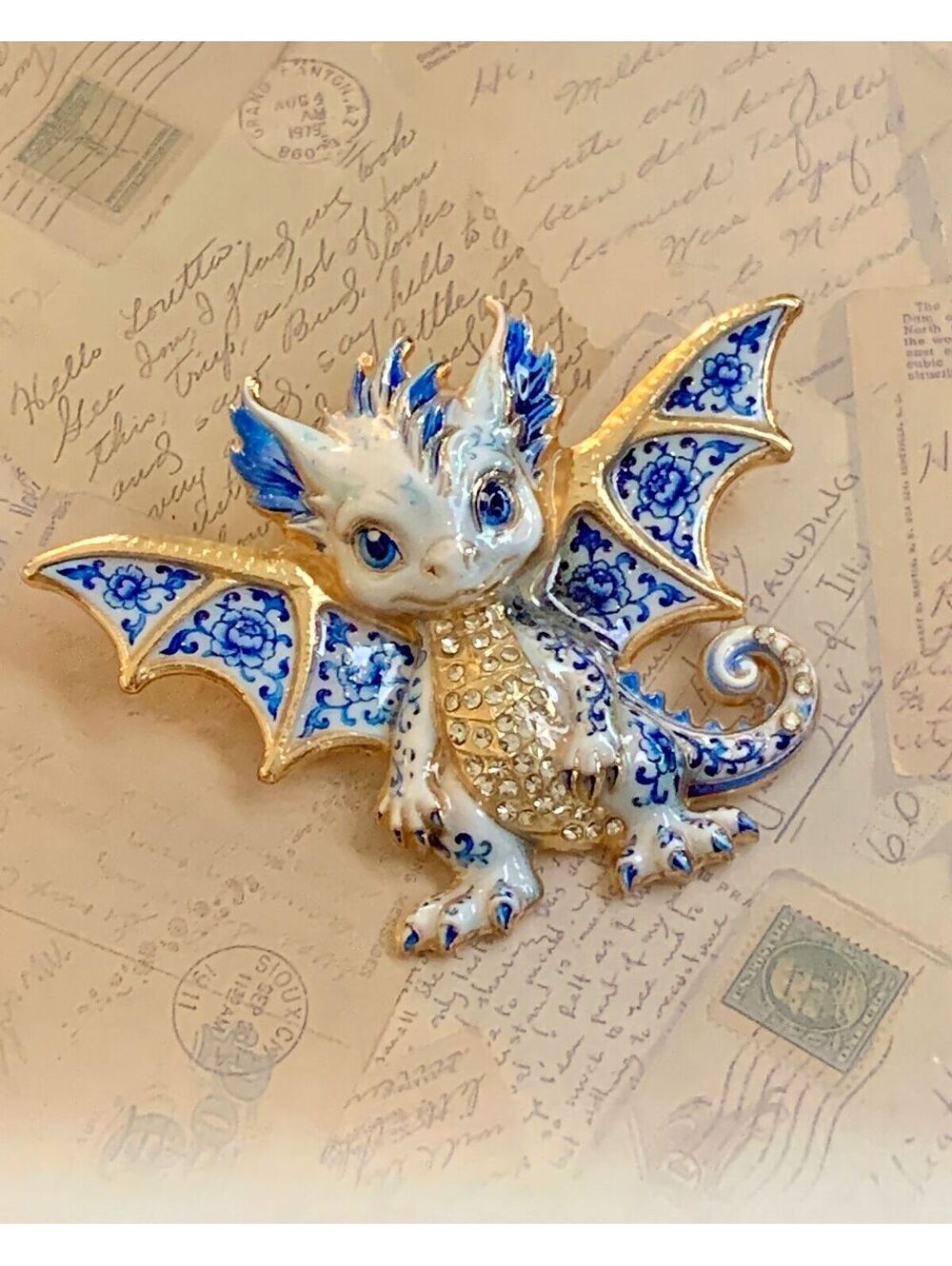 Blue and White Enamel Baby Dragon Brooch Pin with Gold-Tone Details